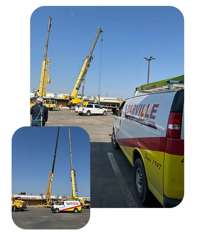 Darville Company service van on-site with cranes for plumbing and HVAC installations, showcasing professional emergency services in Odessa and Midland, TX.