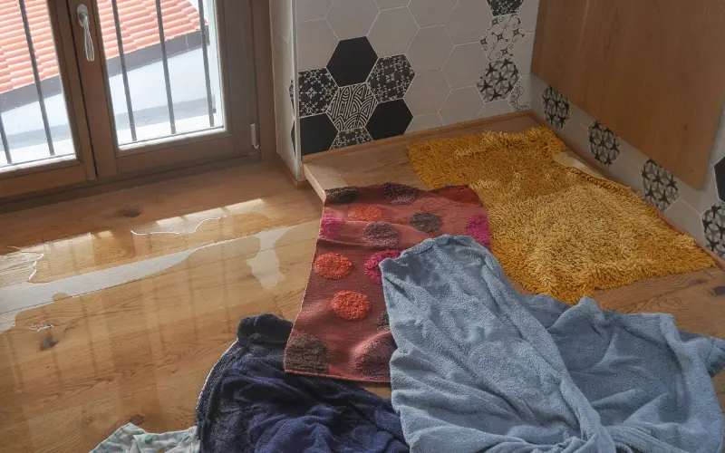 Water pooling on wooden floor with colorful towels absorbing moisture, indicating a potential slab leak issue in a home setting.