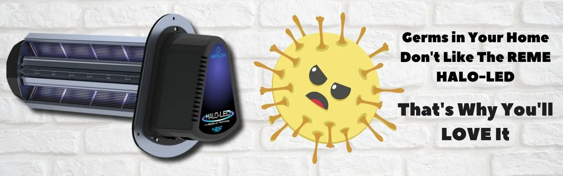 HALO-LED Air Purifier mounted on a wall, cartoon virus character with an annoyed expression, text highlighting effectiveness against germs and promoting health benefits.