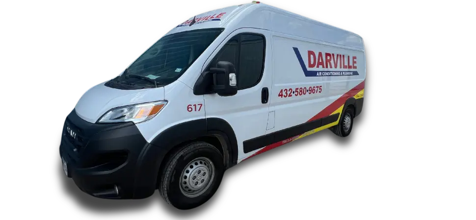 Darville Company service van featuring air conditioning and plumbing branding, parked and ready for emergency repairs in Odessa and Midland, TX.