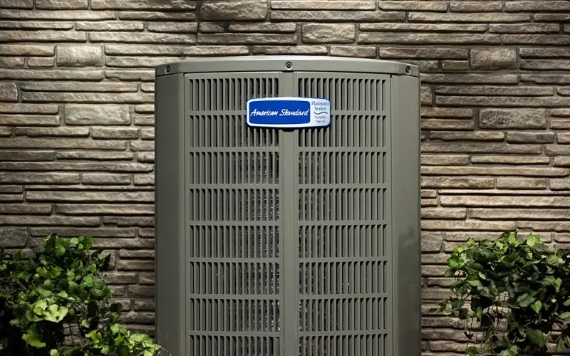 Air conditioning unit labeled "American Standard" positioned against a textured stone wall, surrounded by green foliage, illustrating HVAC solutions for home comfort.