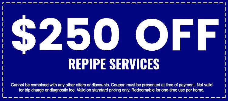 $250 off repipe services coupon from The Darville Company, featuring terms and conditions for use.