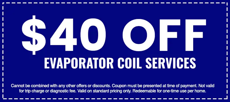 $40 off coupon for evaporator coil services, highlighting savings on HVAC maintenance, with terms and conditions for The Darville Company's services.