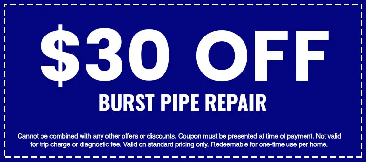 $30 off coupon for burst pipe repair service from The Darville Company, featuring terms and conditions for use.