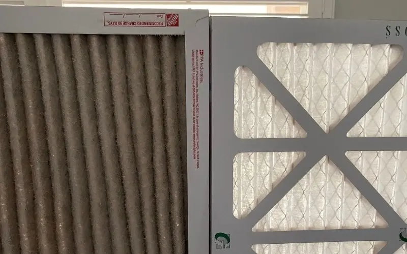 Air filters side by side, showcasing a dirty filter on the left and a clean filter on the right, emphasizing the importance of regular air filter changes for HVAC maintenance and improved air quality.