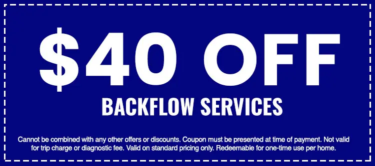 $40 off backflow services coupon from The Darville Company, featuring bold text on a blue background with terms and conditions for use.
