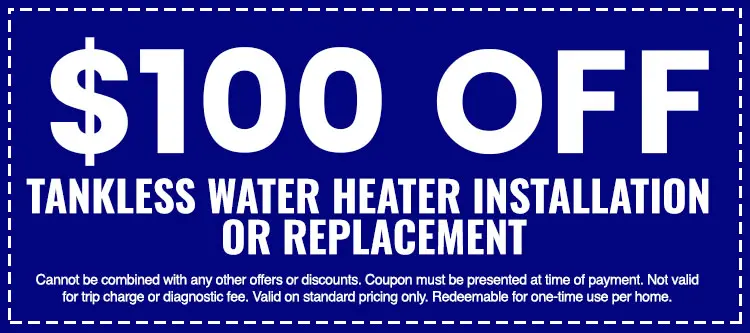 $100 off tankless water heater installation or replacement coupon from The Darville Company, highlighting savings on plumbing services.