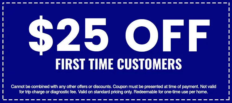 $25 off coupon for first-time customers of The Darville Company, plumbing, heating, and air conditioning services, with terms and conditions.