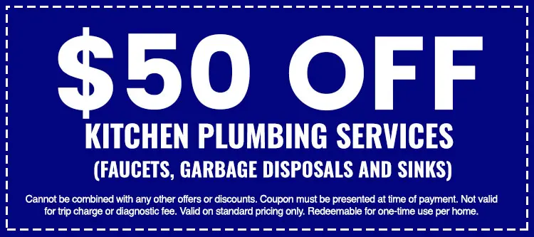 $50 off kitchen plumbing services coupon for faucets, garbage disposals, and sinks with terms and conditions.