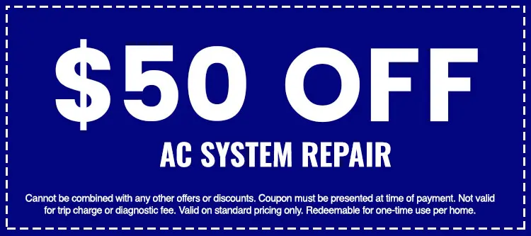 $50 off coupon for AC system repair, highlighting savings on HVAC services from The Darville Company, with terms and conditions noted.