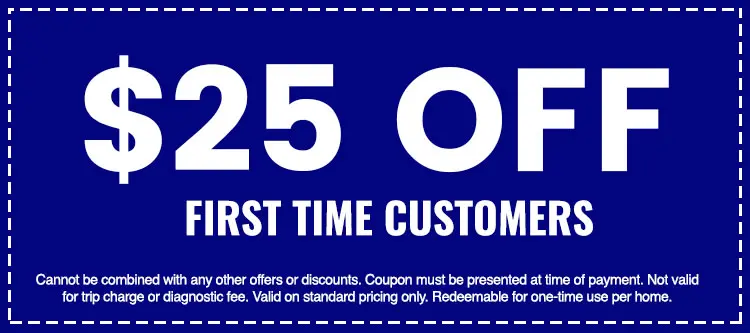 $25 off coupon for first-time customers at The Darville Company, highlighting discount terms and conditions for plumbing, heating, and cooling services.