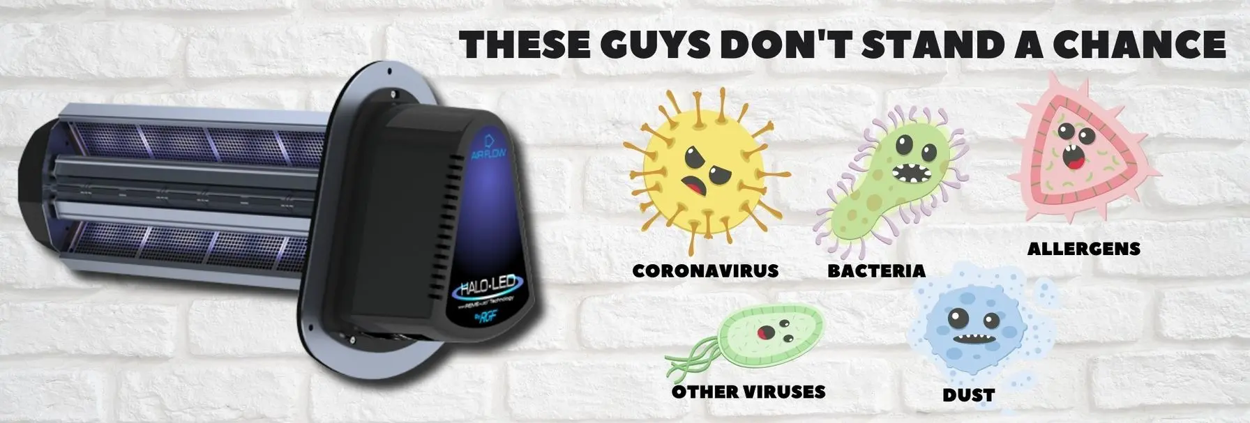 HALO-LED Air Purifier with animated pathogens including coronavirus, bacteria, allergens, and dust, showcasing air purification effectiveness against airborne threats.