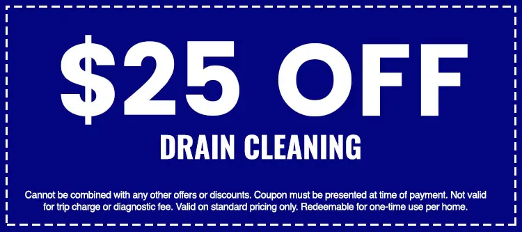 $25 off drain cleaning coupon from The Darville Company, featuring bold text on a blue background, emphasizing savings on plumbing services.