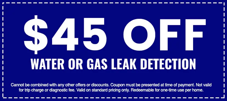 $45 off coupon for water or gas leak detection services, promoting savings on plumbing from The Darville Company.