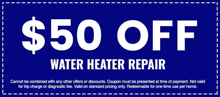 $50 off water heater repair coupon for plumbing services, highlighting savings and terms of use.