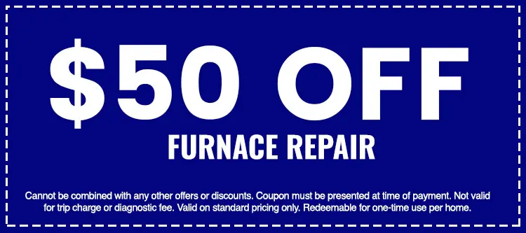 $50 off furnace repair coupon from The Darville Company, emphasizing savings on heating services, with terms of use noted.
