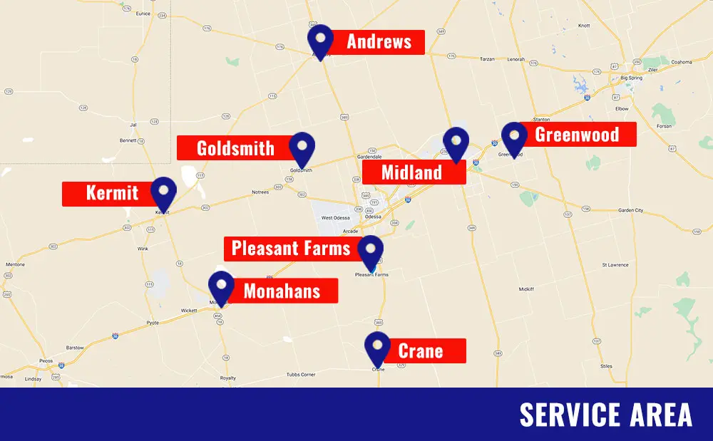 Map highlighting service areas for The Darville Company, including towns such as Midland, Andrews, Goldsmith, Kermit, Pleasant Farms, Monahans, Crane, and Greenwood in Ector County, TX.