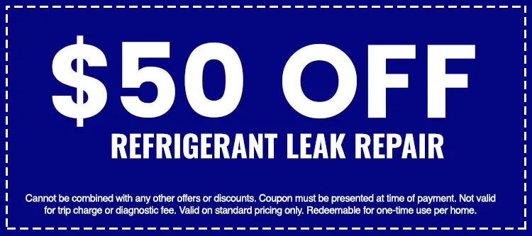 $50 off refrigerant leak repair coupon from The Darville Company, highlighting savings on HVAC services.