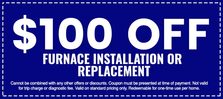 $100 off coupon for furnace installation or replacement, featuring terms and conditions for The Darville Company's heating services.