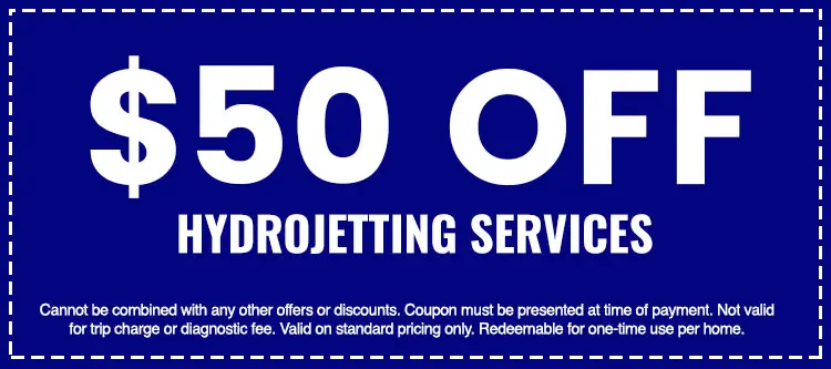 $50 off hydrojetting services coupon from The Darville Company, highlighting savings on plumbing services with terms and conditions.