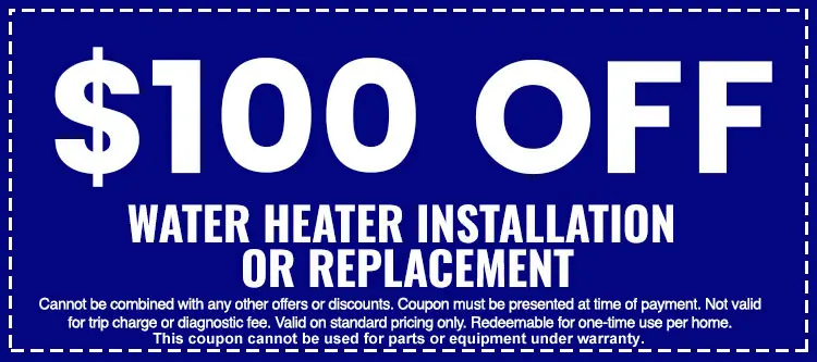 Promotional coupon from The Darville Company offering $100 off water heater installation or replacement services.