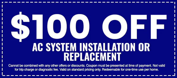 $100 off AC system installation or replacement coupon from The Darville Company, featuring terms and conditions for use.