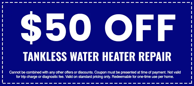 $50 off coupon for tankless water heater repair, featuring terms and conditions for use, promoting savings on plumbing services by The Darville Company.