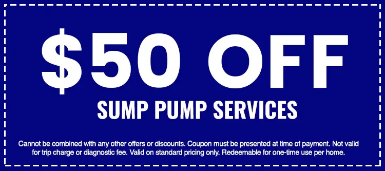 $50 off sump pump services coupon from The Darville Company, featuring terms and conditions for use.