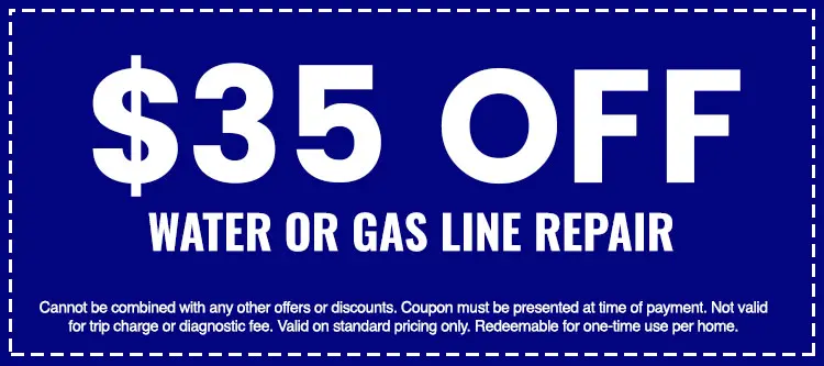 $35 off water or gas line repair coupon for plumbing services from The Darville Company, emphasizing savings on essential home repairs.