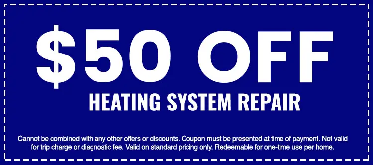 $50 off heating system repair coupon from The Darville Company, featuring terms and conditions for use.