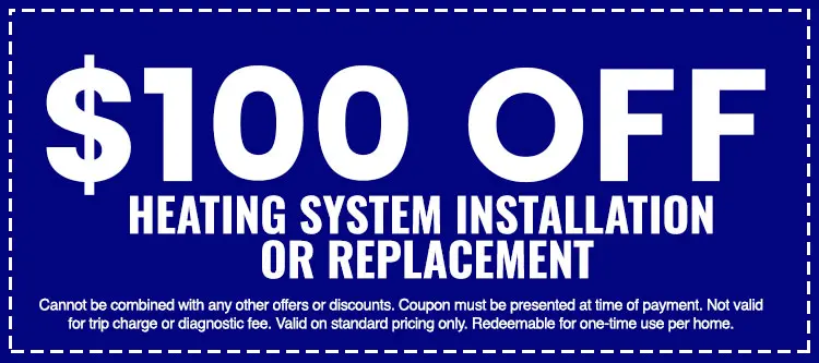 $100 off heating system installation or replacement coupon from The Darville Company, highlighting savings on essential home services.