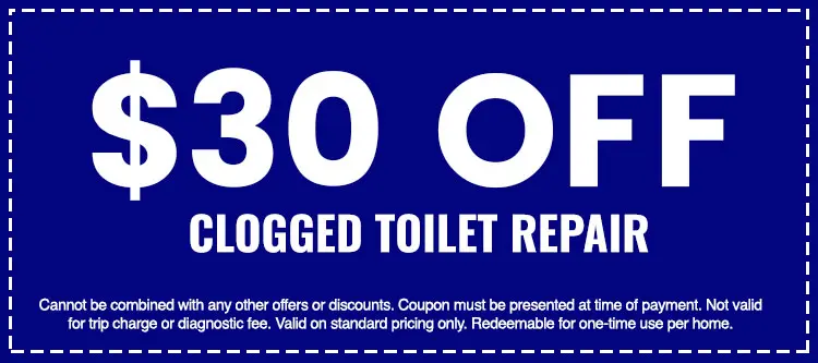 $30 off coupon for clogged toilet repair from The Darville Company, featuring terms and conditions for plumbing service discounts.