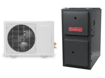 Goodman HVAC system featuring an outdoor unit with fan and an indoor furnace, representing modern heating solutions for home energy efficiency.