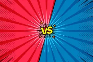 Colorful comic-style graphic with red and blue rays, featuring a bold "VS" in yellow at the center, symbolizing a comparison or competition related to HVAC systems.