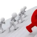 Three white figures running towards a large red arrow, symbolizing progress and steps to improve HVAC efficiency and air conditioning preparation.