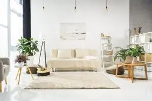 Modern living room with indoor plants, cozy sofa, and natural light, emphasizing air quality and comfort for allergy relief.