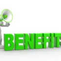 3D graphic of a figure with a megaphone promoting "Benefits," symbolizing HVAC advantages and air quality improvements.