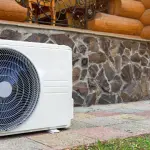 Modern air conditioning unit on a stone wall backdrop and paved ground, showcasing HVAC solutions from Chad's AC Direct.