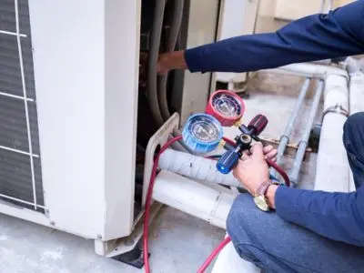 Technician using pressure gauges on an air conditioning unit to assess refrigerant levels and diagnose leaks in HVAC systems.