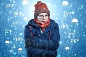 Person bundled in winter clothing, shivering in cold weather, surrounded by snow and temperature indicators ranging from 18&deg;F to 33&deg;F, illustrating the importance of adjusting thermostat settings during cold months.