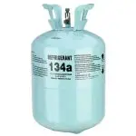 Light blue refrigerant tank labeled "R 134a" with safety symbols, featured in Chad's AC Direct HVAC services.