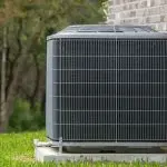 Air conditioning unit near a brick wall, surrounded by grass, highlighting home comfort solutions by Chad's AC Direct.