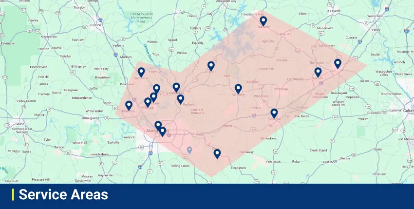 Map highlighting service areas for Chad's AC Direct in Montgomery, AL, with marked locations indicating coverage for HVAC services.