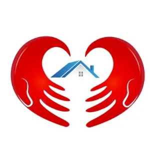 Red heart-shaped hands cradling a house, symbolizing care and service in HVAC, representing Chad's AC Direct's commitment to customer support and heating solutions.
