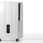 Compact white dehumidifier on wheels with air vent, ideal for summer HVAC needs at Chad's AC Direct.
