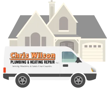Chris Wilson Plumbing & Heating Repair van parked in front of a house, emphasizing professional plumbing and HVAC services for Monterey and Santa Cruz Counties.