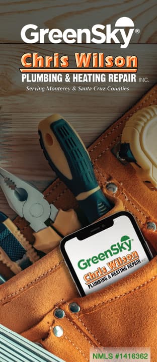 GreenSky logo on smartphone in tool belt with plumbing tools, representing Chris Wilson Plumbing & Heating Repair services in Monterey and Santa Cruz Counties.