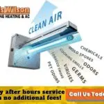 Clean air system promoting air quality by eliminating germs, odors, and chemicals, featuring "Call Us Today" and Chris Wilson Plumbing & Heating logo.