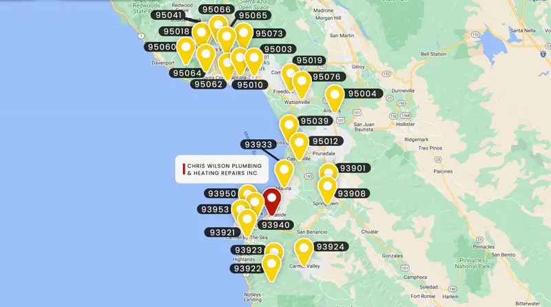 Map highlighting service areas of Chris Wilson Plumbing & Heating Repairs Inc. with location markers for plumbing and HVAC services in California.
