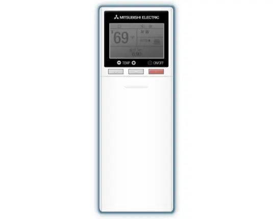 Mitsubishi Electric handheld controller displaying temperature settings and controls for HVAC systems.